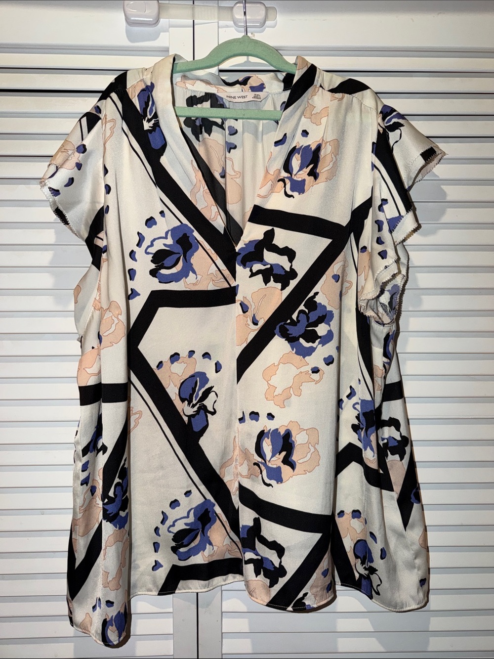 Nine West Cream Blouse with Blue and Blush Floral Pattern